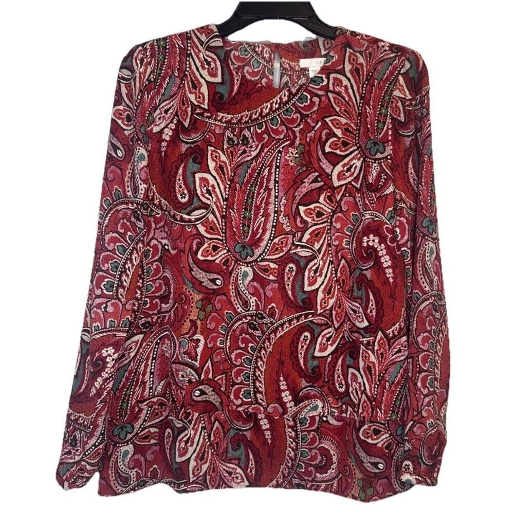 J Jill Women’s Red Paisley Layered Chiffon Long Sleeve Blouse Top Sz XS‎